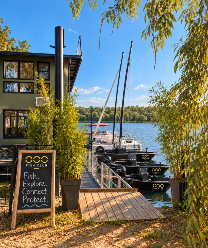 Entrance to the OOO clubhouse with the fleet docked on the river